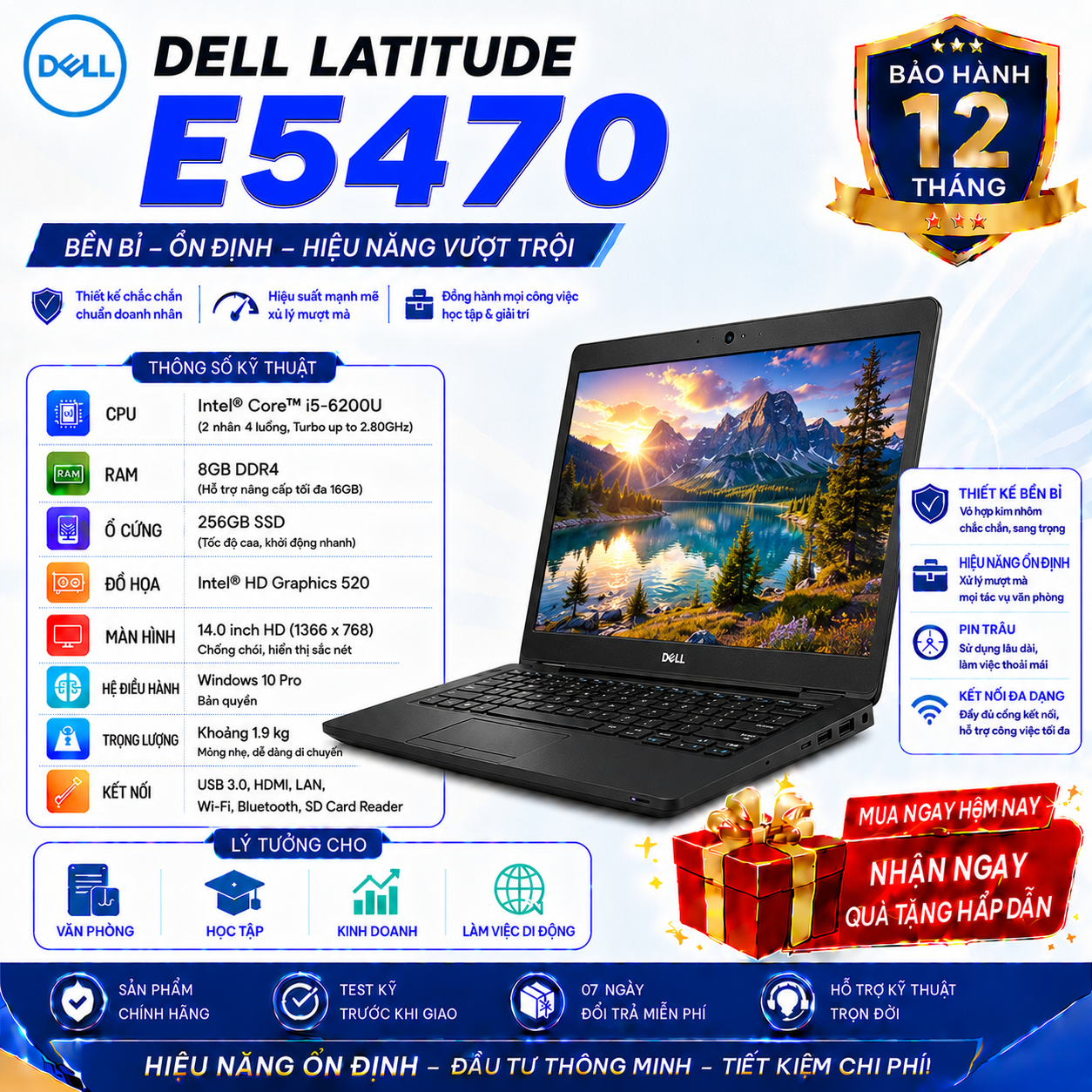 Laptop Dell Latitude E5470/I5-6200U/Ram 8GB/SSD 256GB/14 HD